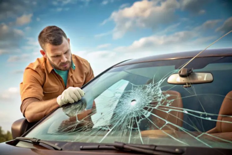 Hombre arreglando la luna de su coche de ocasión